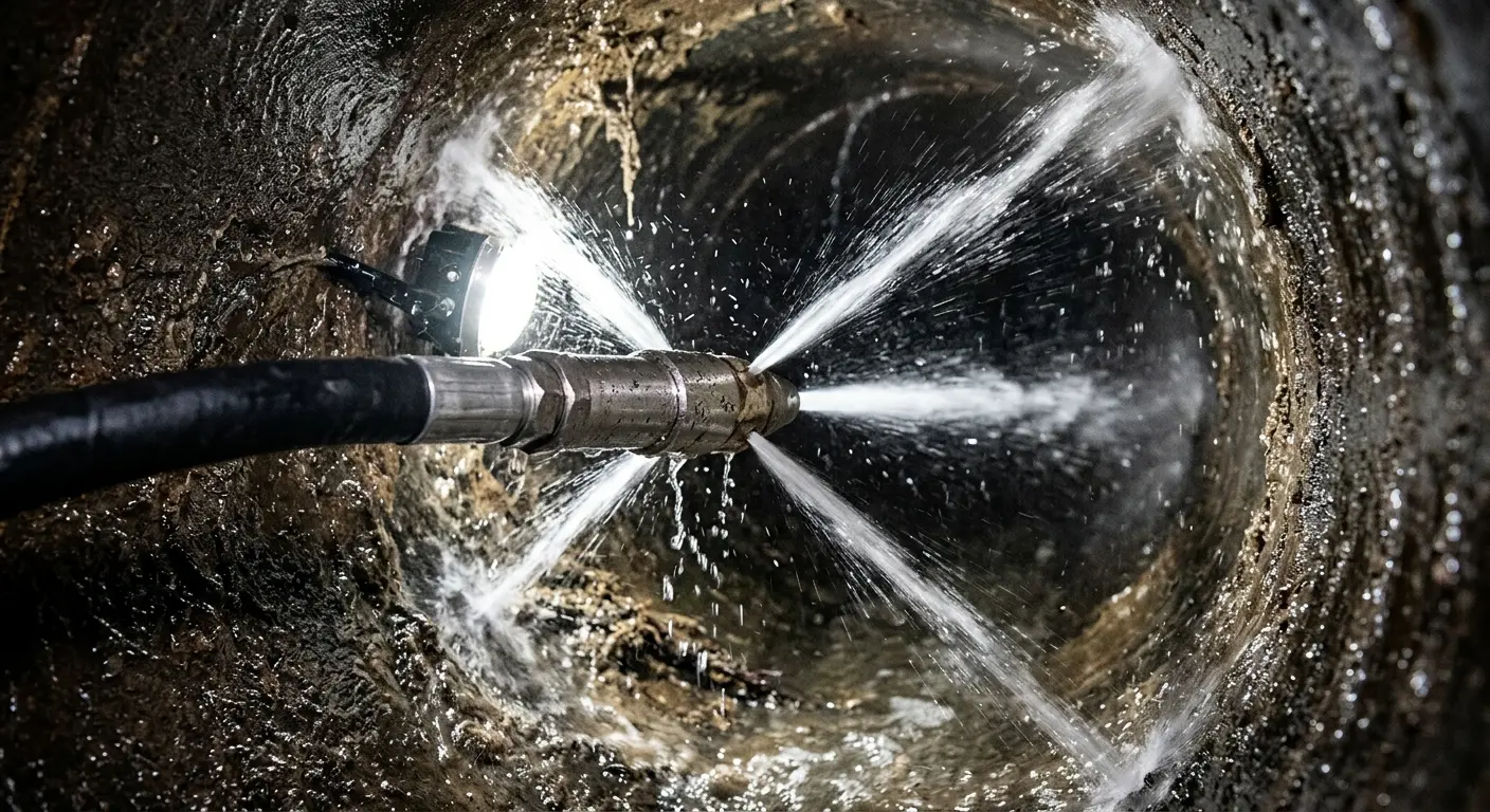 High-pressure hydro jetting nozzle cleaning sewer pipe for Sewer Cleanout in Reedsburg