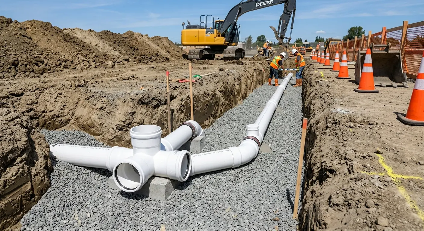 New PVC sewer pipe installation in open trench for Grease Trap Cleaning in Reedsburg
