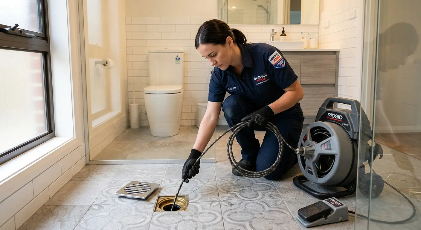 Technician clearing a bathroom floor drain for Sewer Line Replacement in Reedsburg
